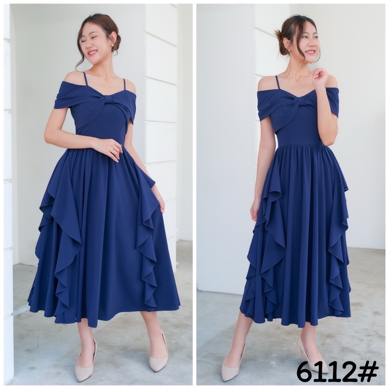 kudapy เดรสสั้น เดรสออกงานสุดพริ้ว เดรสเปิดบ่า ปิดแขน อกโบว์ กระโปรงบานพริ้ว แต่งริ้วด้านข้าง