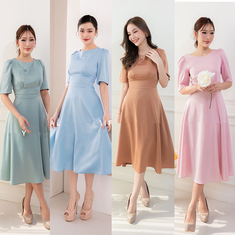 kudapy เดรสสั้นสีเขียว/สีน้ำตาล/สีฟ้า/สีชมพู กระโปรงบาน แขนสั้น ทรงรุ่นนี้ใส่แล้วสวยหวาน