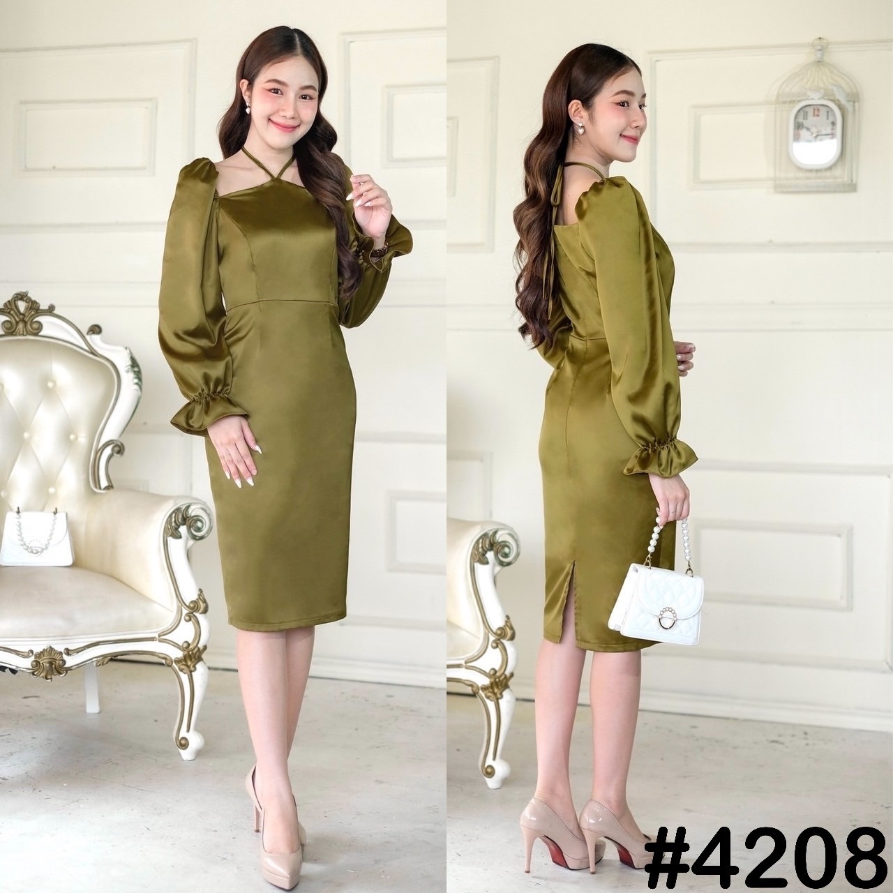 kudapy เดรสอกสามเหลี่ยม ดีเทลเชือกผูกหลังคอ แขนตุ๊กตายาว ปลายแขนแต่งระบาย