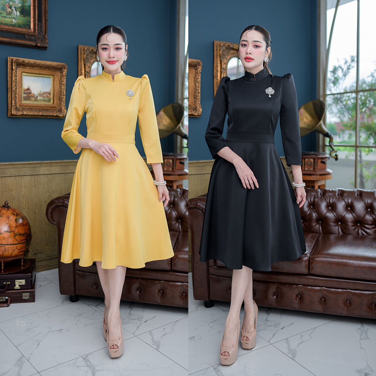 kudapy เดรสสั้นสีดำ/สีทอง ชุดไทยจิตรลดา ทรงแขนห้าส่วน ผ้าอัดกาวให้แล้วทั้งชุด เนื้อผ้านิ่มใส่สบาย เดรสความยาวคลุมเข่าใส่สวยสุภาพ