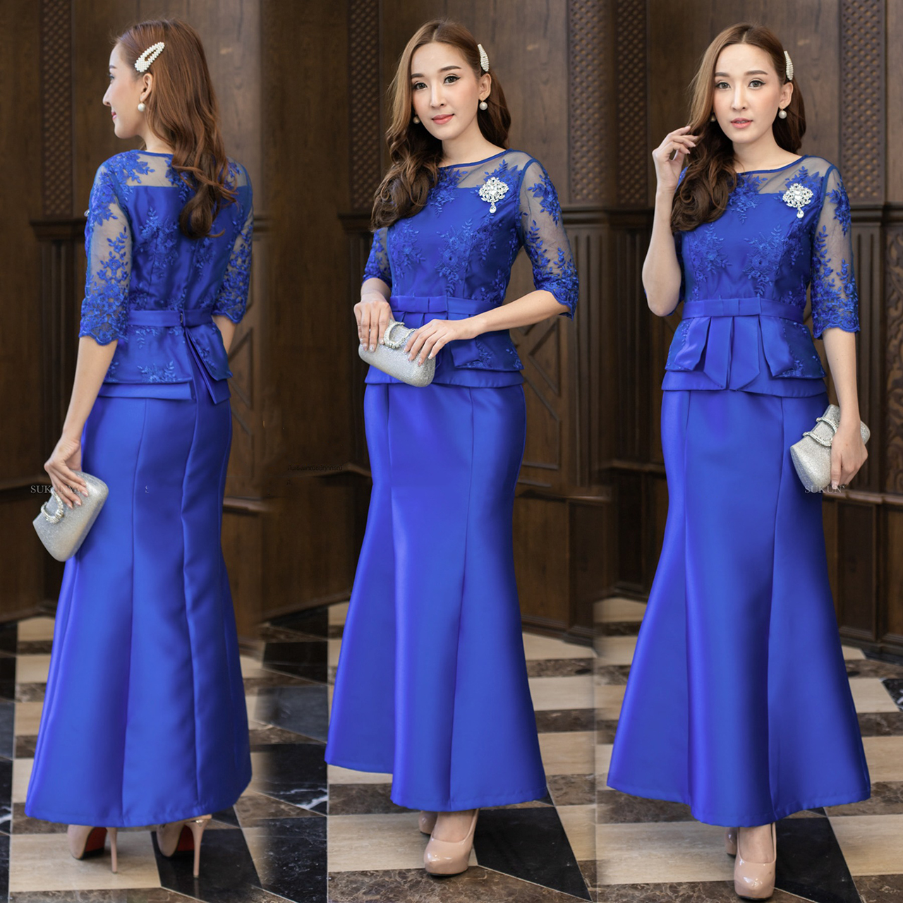 kudapy เดรสงานชิ้นเดียวไหมอิตาลีเนื้ออยู่ทรง ผ้าไหมอิตาลีทอสี่เส้นประดับด้วยผ้าลูกไม้เกรดพรีเมี่ยม