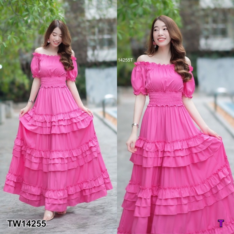 kudapy เดรสยาวสี ขาว ชมพู เหลือง แดง โอรส เปิดไหล่ แขนตุ๊กตา เอวสม็อกรอบ แต่งระบายชั้นๆ ทรงสวยบางระบายเข้ารูป