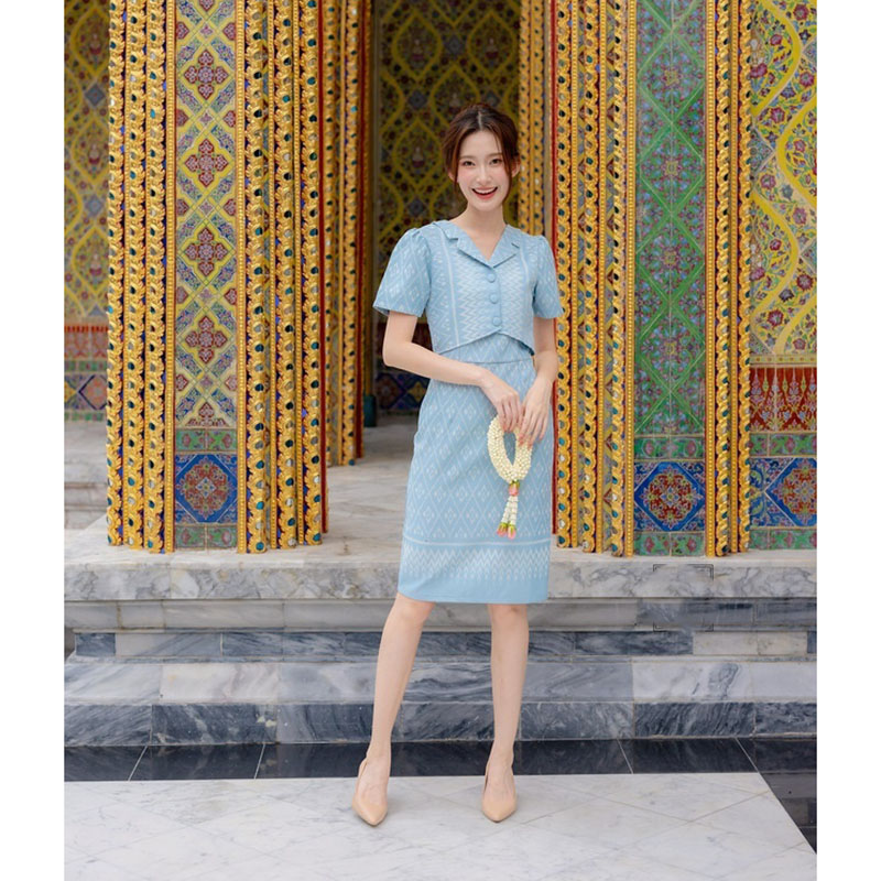 kudapy เดรสสั้นสีฟ้า/สีโอรส ผ้าทอแต่งปกเทเลอร์ ลายผ้าไทย ใส่ออกงาน ใส่ทำงานสวยดูดี
