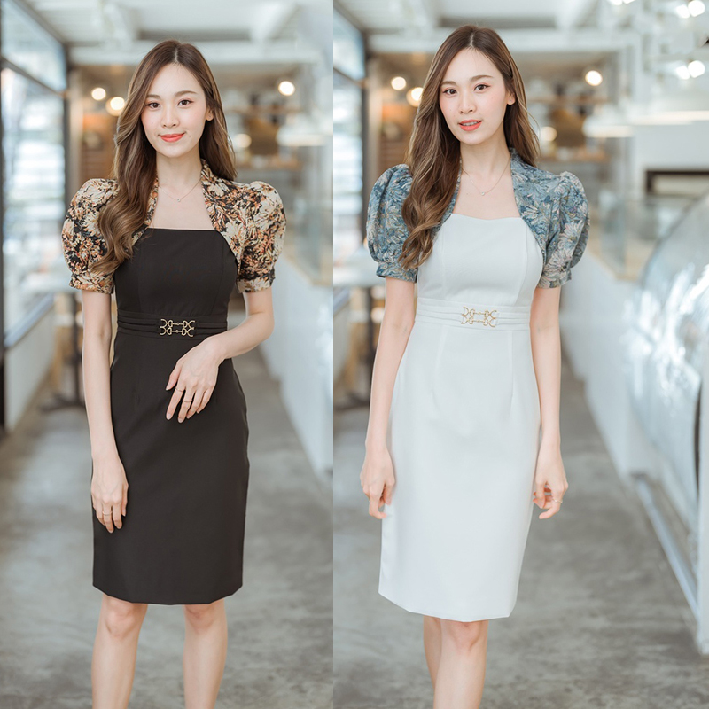 kudapy เดรสสั้นสีขาว/สีดำ กระโปรงเข็มขัดคาดไหล่ผ้าทอ