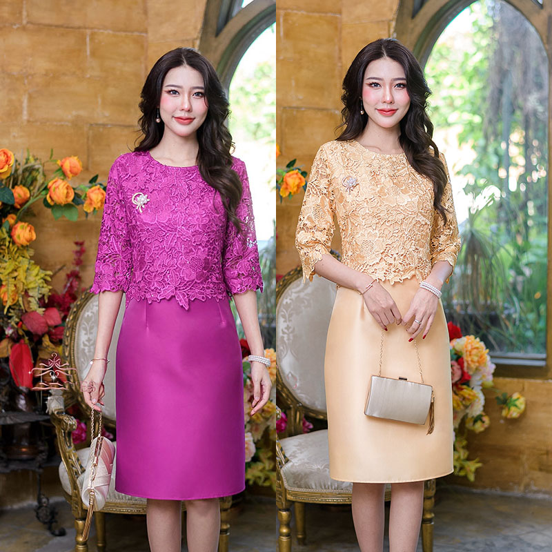 kudapy เดรสสั้นสีบานเย็น/สีเหลืองทอง ผ้าไหมคลุมลุกไม้แขนศอก เป็นลูกไม้เงาปักเลื่อมเป็นเลื่อมใส่เม็ดเล็กมาก เพิ่มประกายความหรูหราสวย