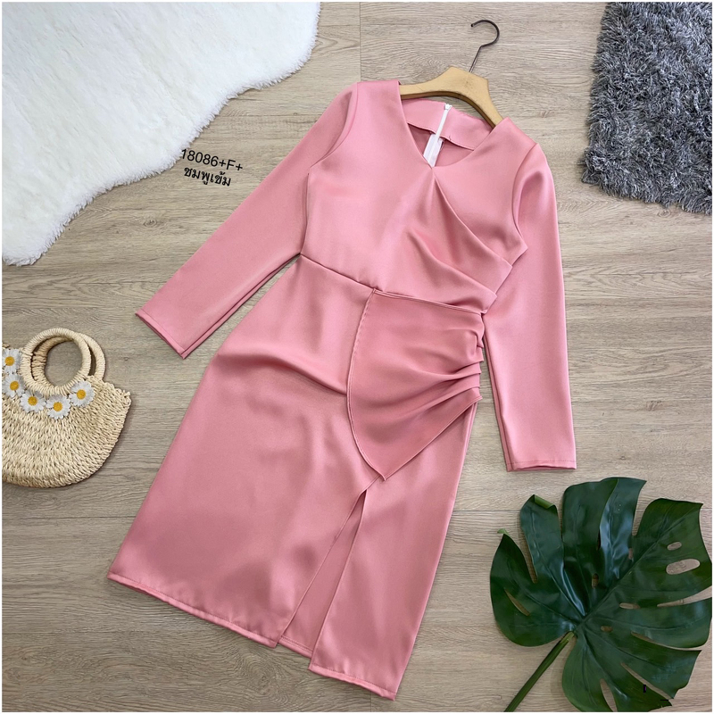 kudapy เดรสแขนยาวสีพื้น แต่งจีบ ผ่าหน้า ชุดออกงาน ชุดเพื่อนเจ้าสาว เดรสงานแต่ง ใส่ไปเที่ยวสวยดูดี