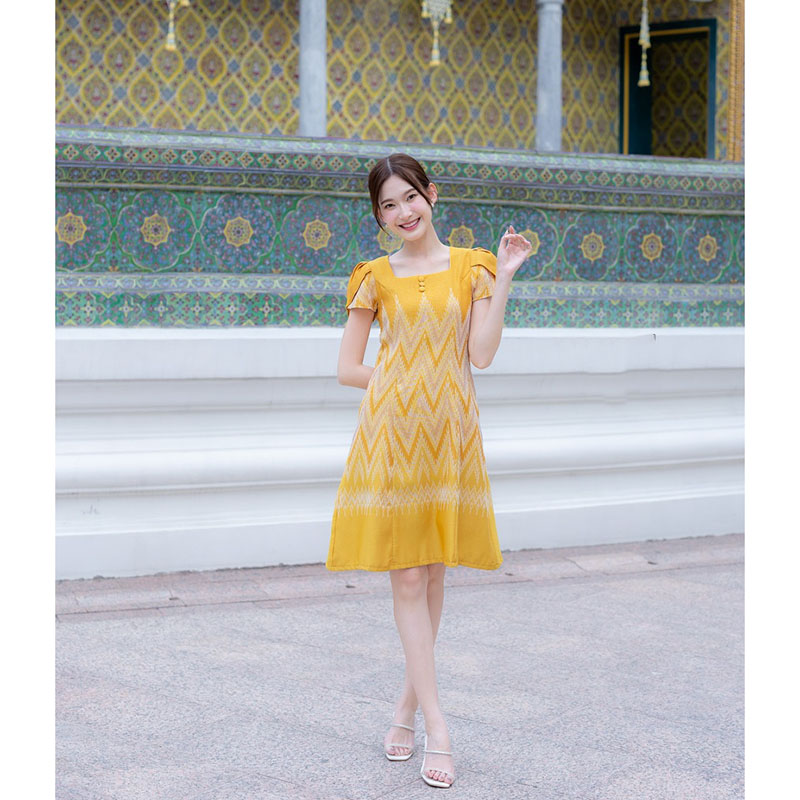kudapy เดรสสั้นสีฟ้า/สีเหลือง ผ้าทอแขนกลีบบัว ผ้าลายไหย ใส่ทำงานสวยดูดี