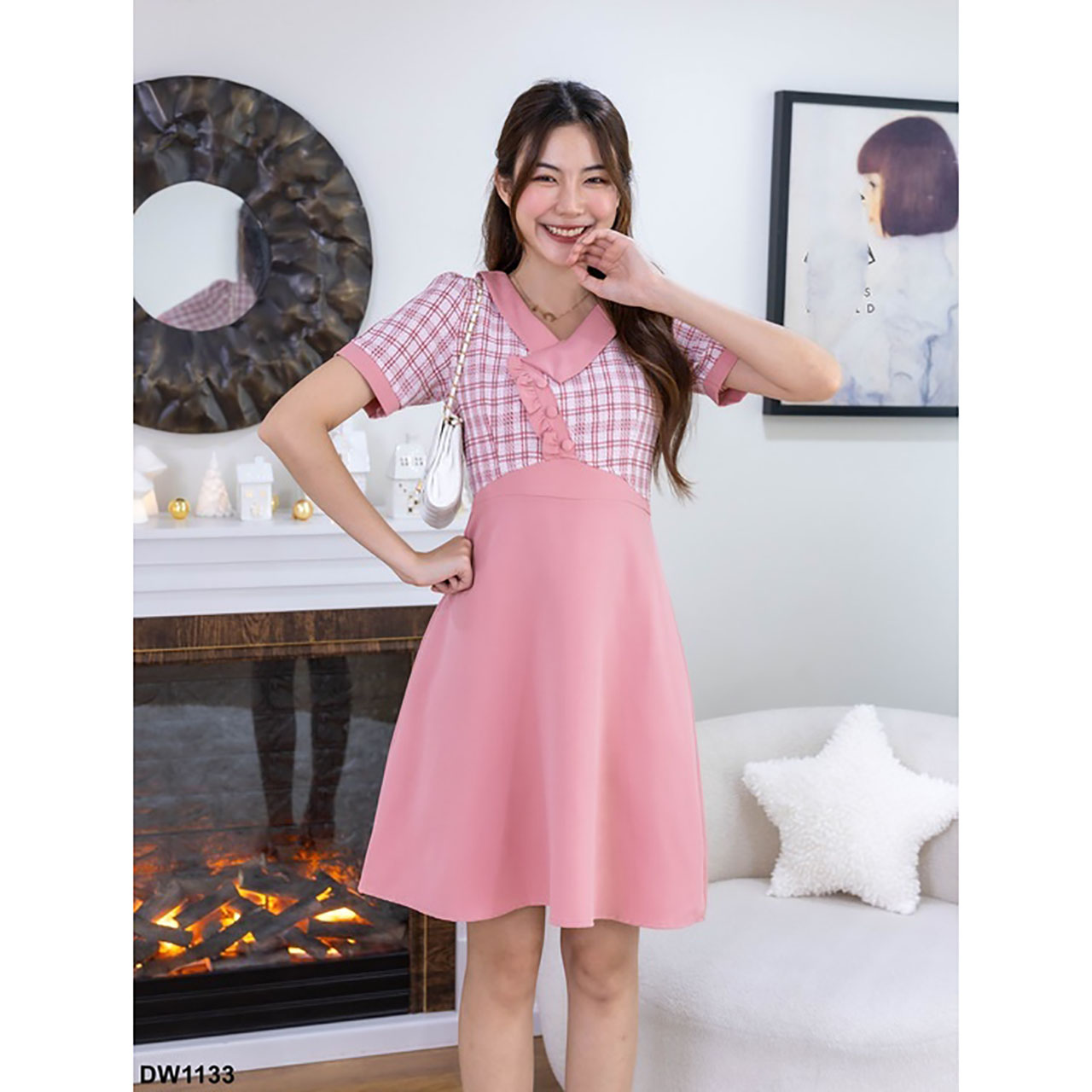 kudapy เดรสสั้นสีฟ้า สีเขียว สีชมพู สีพื้นทรงบานแต่งเสื้อลาย+กระดุม 3 ชิ้น