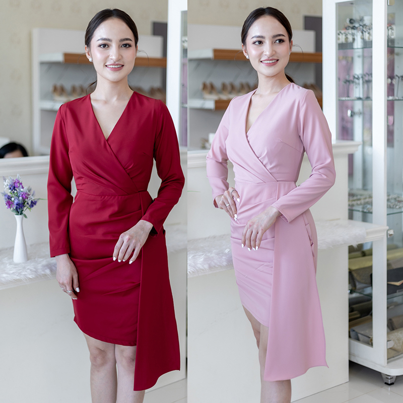kudapy เดรสสั้นสีชมพู/สีแดง ไปงานแต่ง เข้ารูปทรงเอ แขนยาว กระโปรงแต่งจีบระบายข้าง