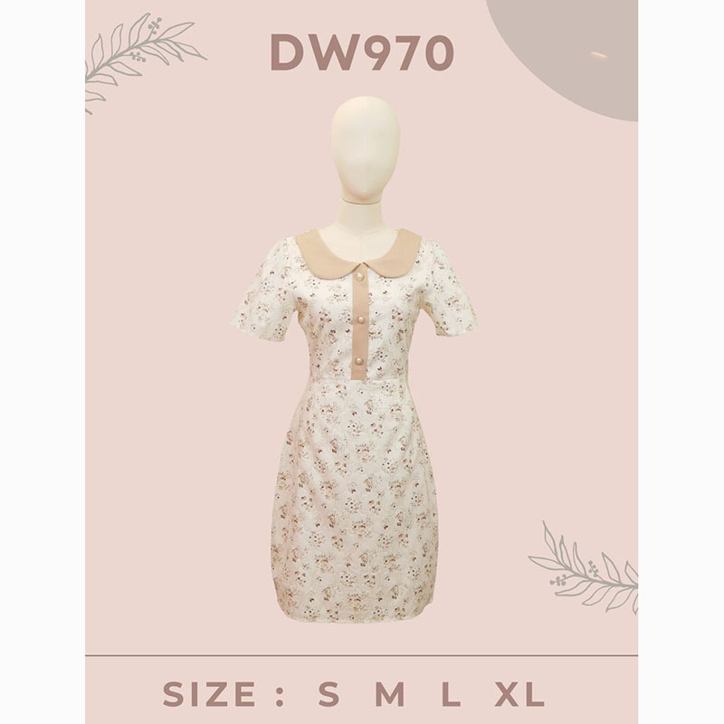 kudapy เดรสสั้นสีชมพู/สีฟ้า/สีน้ำตาล ลายดอกปกคอบัว ใส่เที่ยว ออกงานสวย ใส่สบายตัวมากๆ