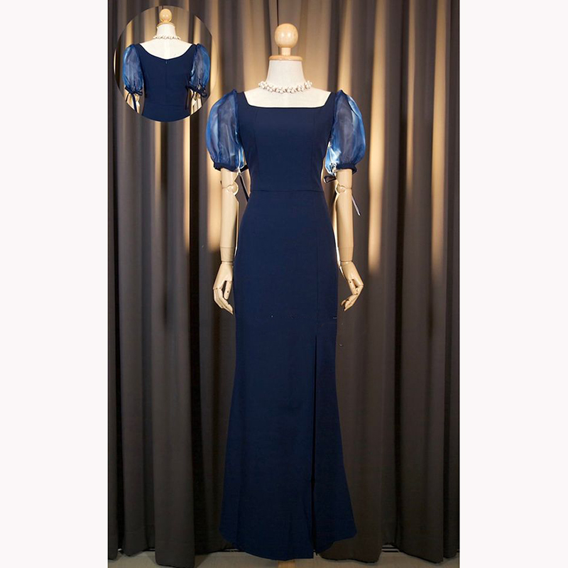 kudapy เดรสยาวออกงานสีครีมงาช้าง/เขียวพิตาชิโอ้/ชมพูอ่อน/ชมพูเข้ม/กรมท่า คอเหลี่ยม แขนตุ๊กตา ผูกโบว์ปรับขยายไซส์แขนได้ หรือ ดึงไหล่ลงแบบเปิดบ่า กระโปรงหางปลา