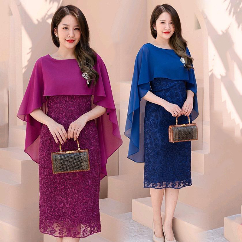 kudapy เดรสสั้นสีม่วง/สีน้ำเงิน ผ้าลูกไม้เกรดPremium งานลูกไม้ปักลายดอกเด่นชัดสวยสะดุดตาและหรูหรา