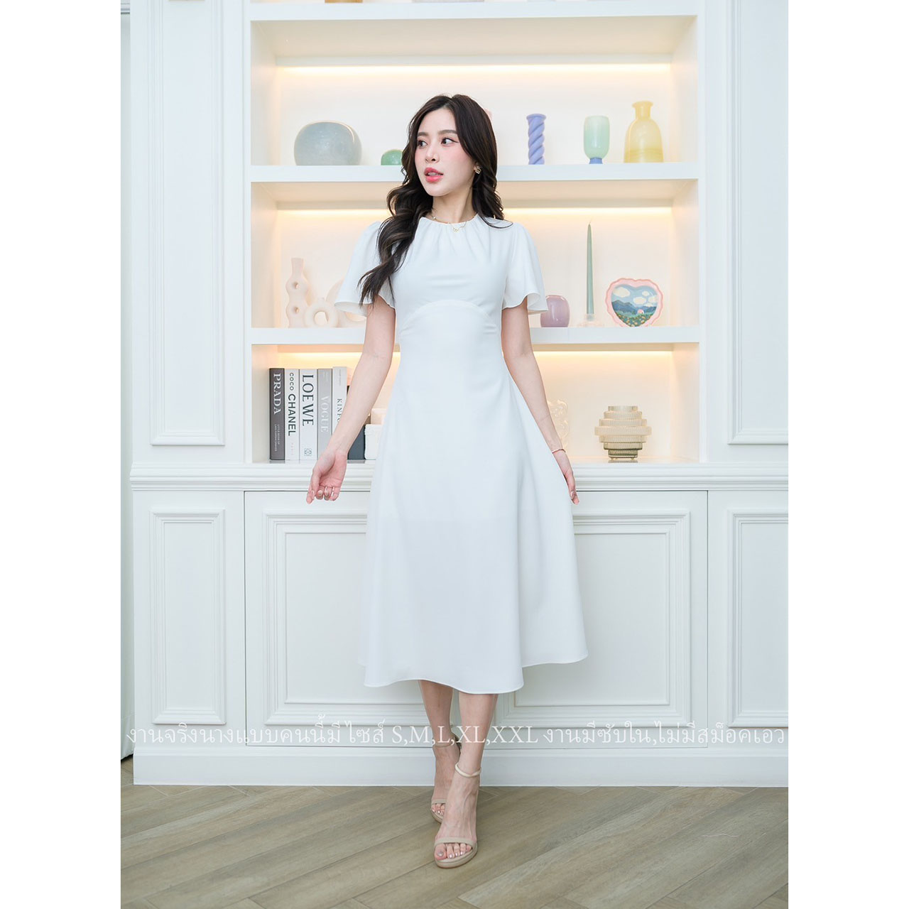 kudapy เดรสสั้นคอกลมสีชมพู/สีขาว/สีเขียวมิ้น แขนสั้นระบาย กระโปรงคลุมเข่า แนวเรียบหรู ชุดไปงานแต่ง