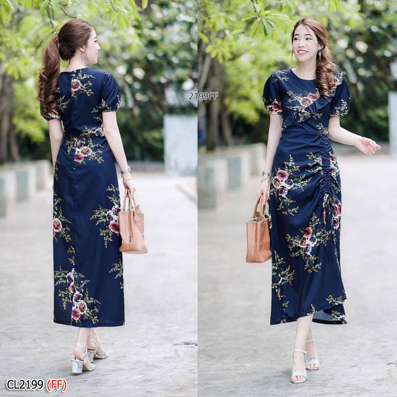 kudapy เดรสยาวสีชมพู กรม ครีม ขาว แดงผ้าวูลพีชพิมพ์ลายดอกกุหลาบ แขนบาบี้ปลายแขนจั้มยาง