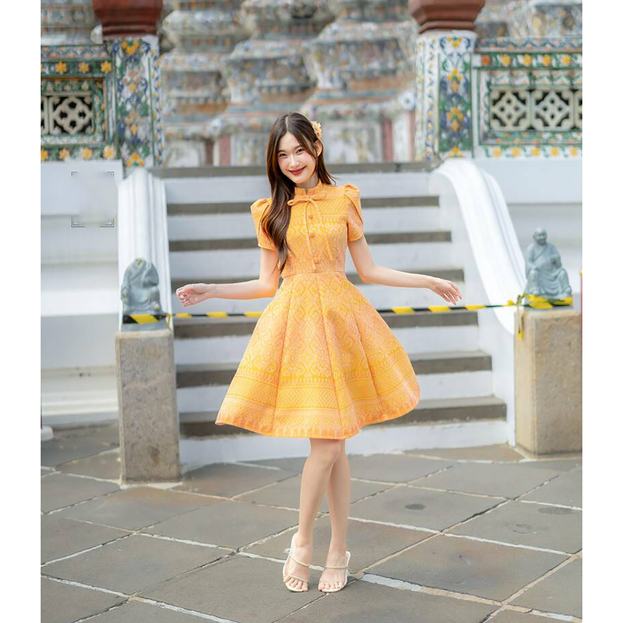 kudapy เดรสสั้นสีม่วง/สีเทา/สีเหลือง เดรสไทยทรงบานแขนกลีบบัว