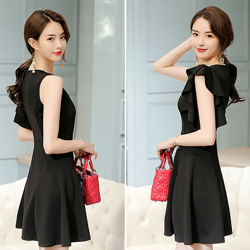 kudapy ชุดเดรสสั้นสีดำ แฟชั่นแขนสั้น แต่งแขนสั้นระบายแบบสวยหรูดูดีสไตล์เกาหลีจ้า
