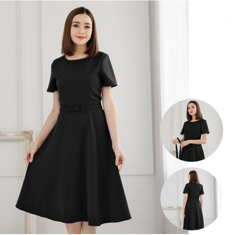 kudapy เดรสสั้นสีดำ ทรงบาน เสื้อคอกลม แขนสั้น มาพร้อมเข็มขัดโบว์ ทรงขายดี สวยสง่า สวยลงตัว ลุคนี้ดูแพงค่ะ เนื้อผ้าหนา ผ้าฮานาโกะ เนื้อดี