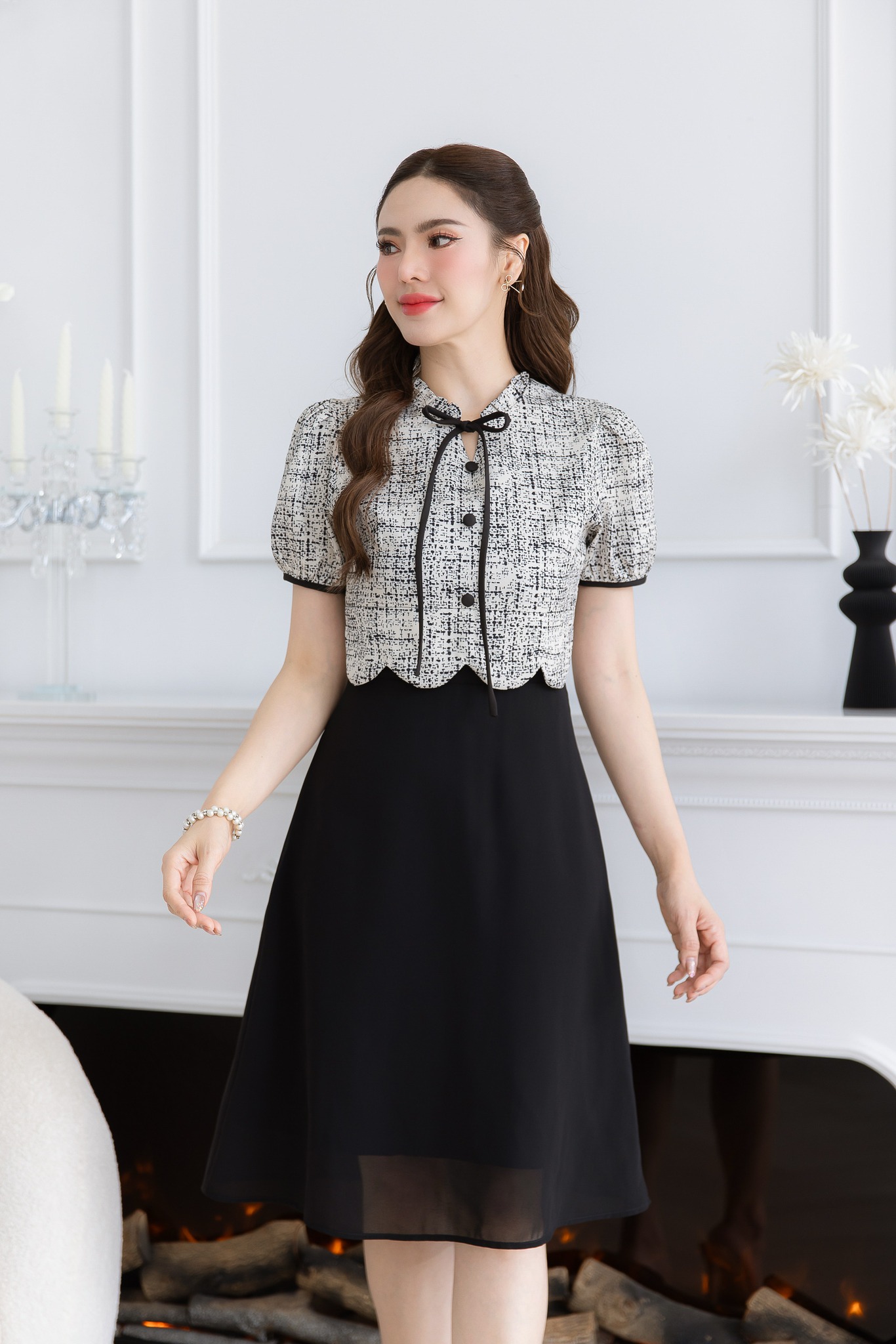 kudapy เดรสผ้าพิมพ์ลายกระโปรงชีฟอง ด้านบนเป็นผ้าพิมพ์ลายอัดกาวอยู่ทรง กระโปรงชีฟองสวยพริ้วใส่สบาย