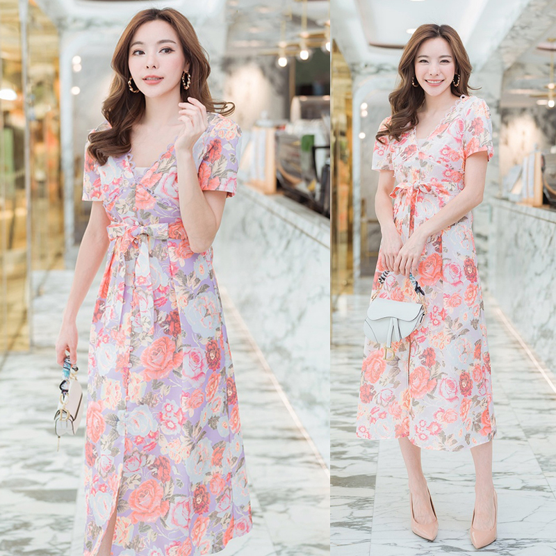kudapy เดรสยาวสีม่วง/สีชมพู รัดเอวลายดอกไม้สวยดูดีผ้าใส่สบาย