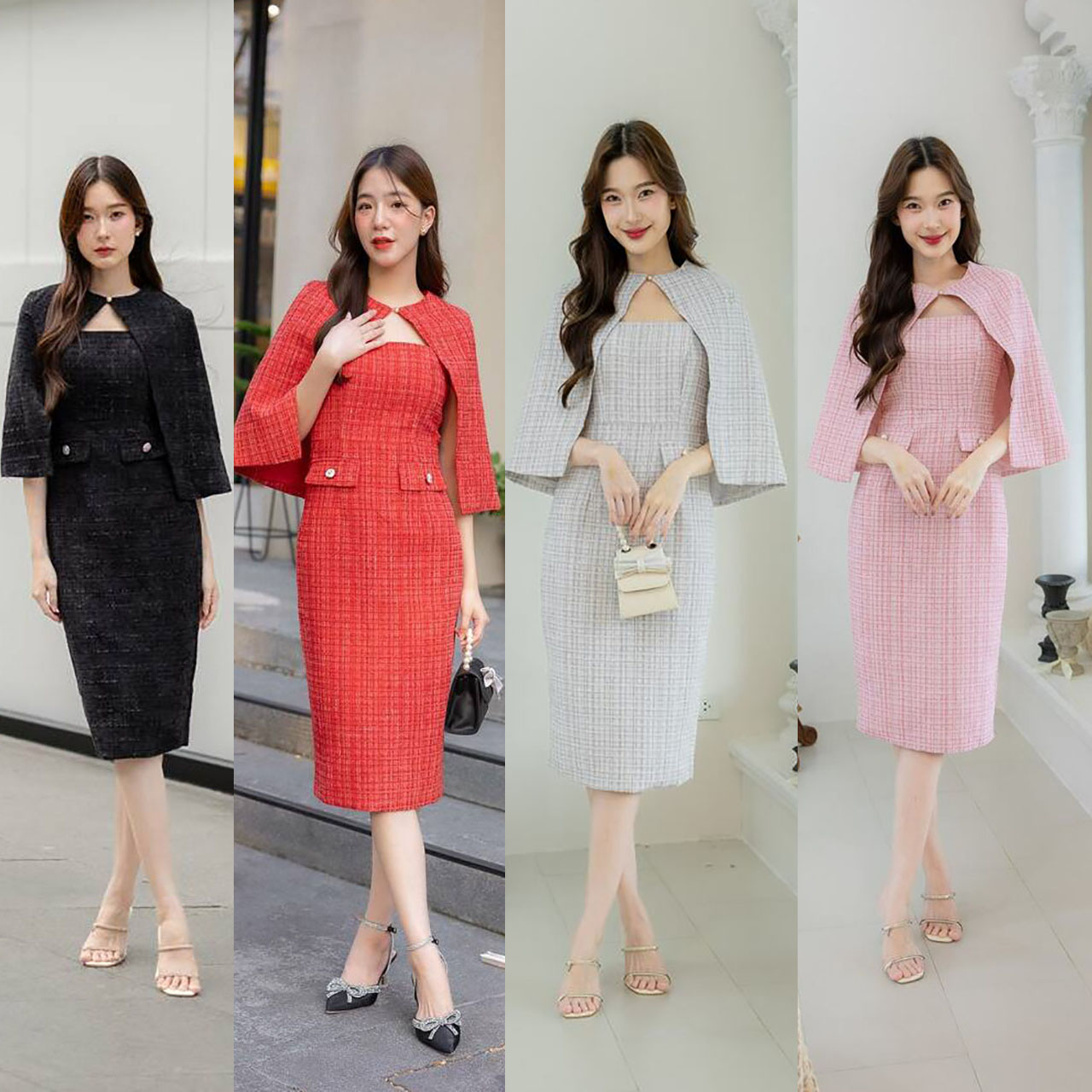 kudapy เดรสสั้น ผ้าทวิต ออกงานพร้อมเสื้อคลุมไหล่ ใส่สวย ดูดี