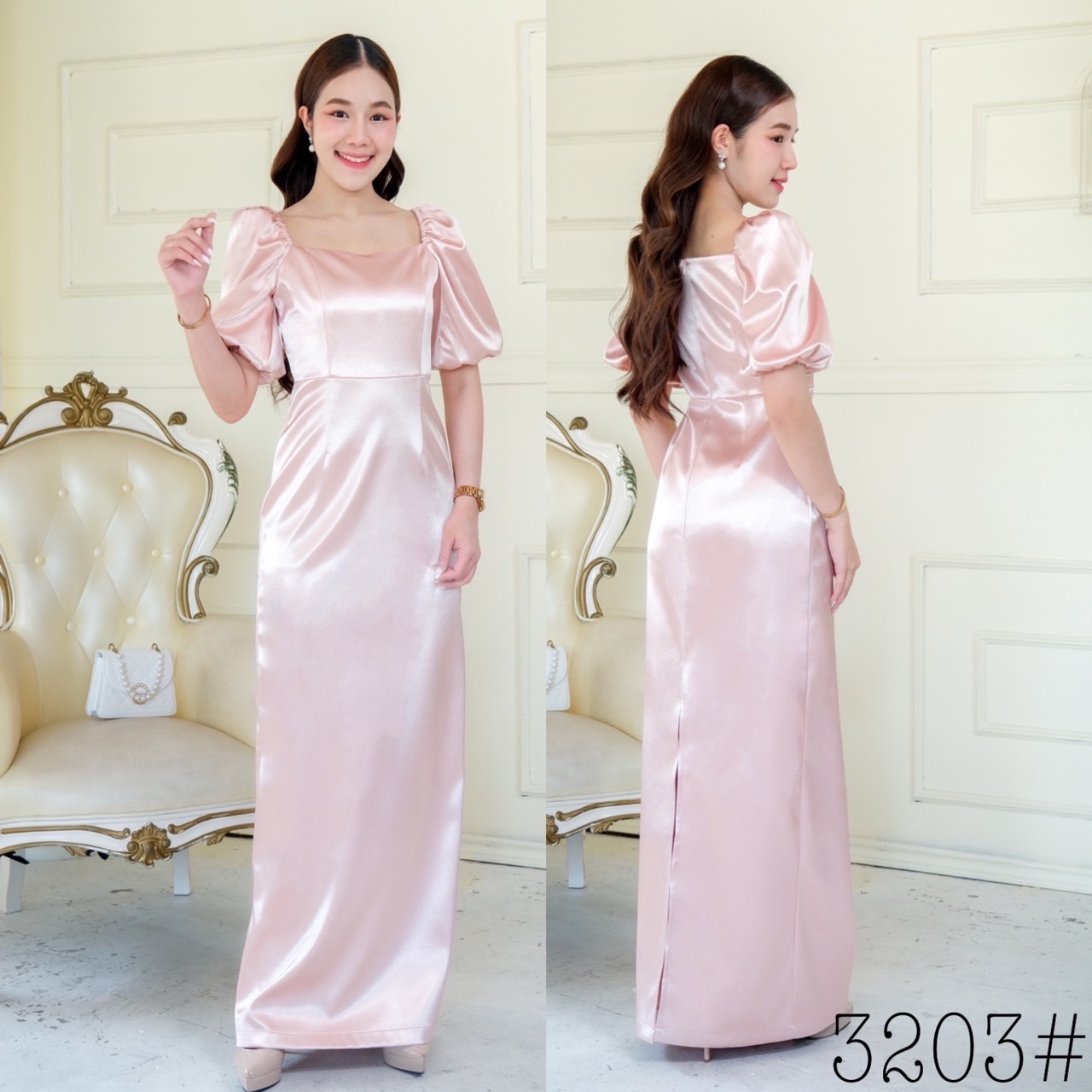 kudapy เดรสราตรียาว คอเหลี่ยม แขนสั้นจับพอง ใส่ได้สองแบบ เปิดบ่า แขนสั้น กระโปรงทรงสอบยาว ซิปหลัง