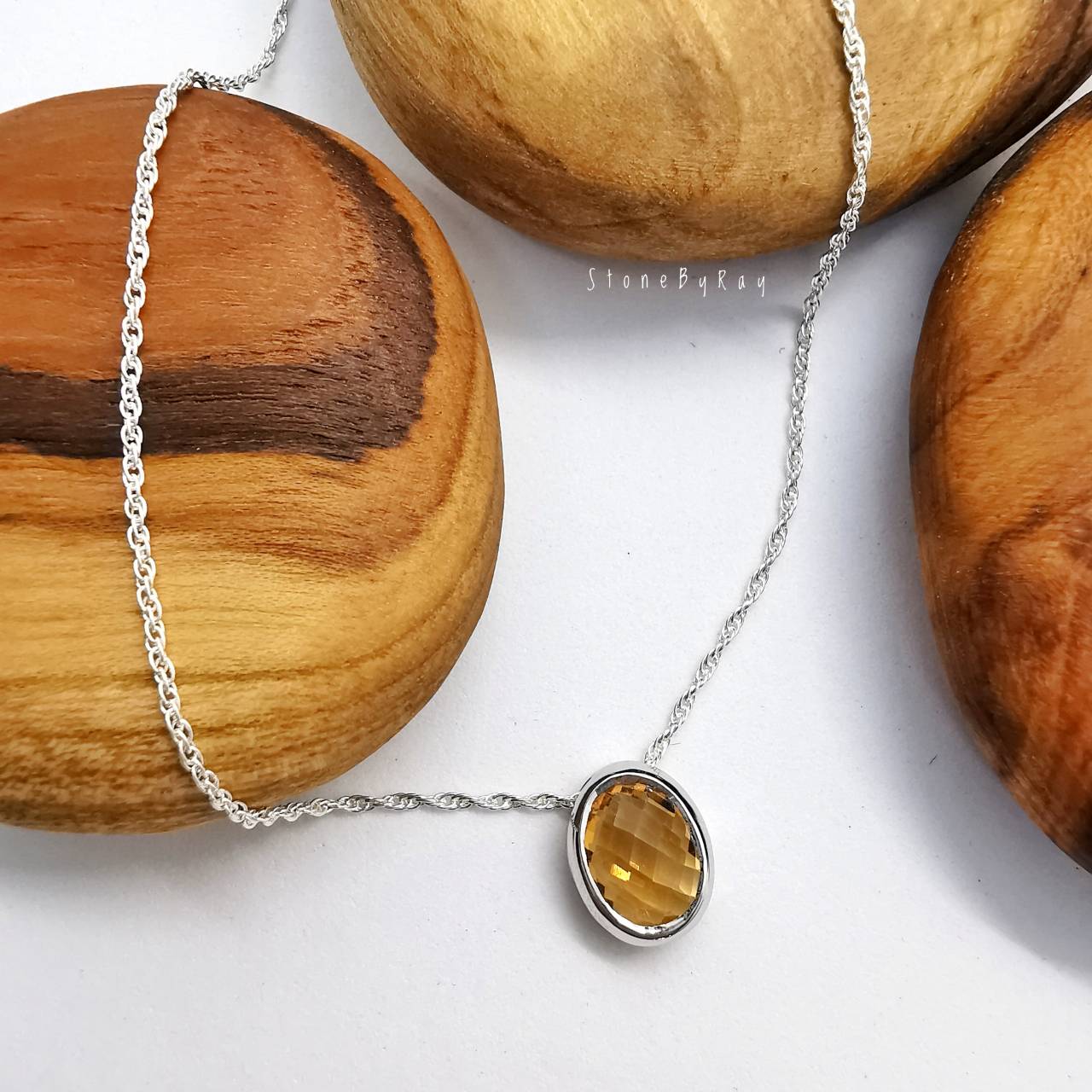สร้อยคอเงินจี้พลอยซิทรินเจียรเหลี่ยม(Citrine)