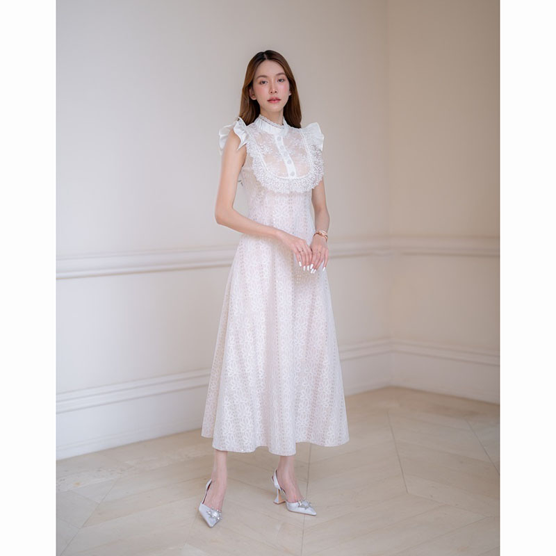 kudapy เดรสยาวสีขาว/สีดำ ลูกไม้กระโปรงบานยาว ลายดอกไม้เต็มชุด ซิมหลังใส่ออกงาน ใส่เที่ยวสวยดูดีมากๆ