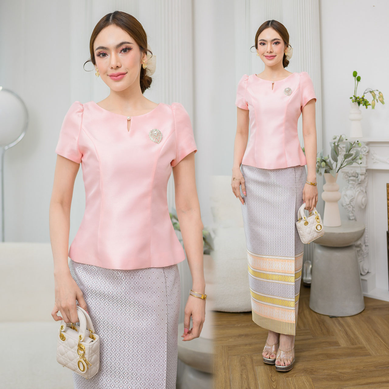 kudapy งานเสื้อผ้าไหมญี่ปุ่นสีกะปิ // ทอง // โอรส คอกลมแหวกหน้า แต่งกระดุมมุก แขนสั้นจับจีบ เอวดีด อัดกาวบุซับในอย่างดี (เฉพาะเสื้อ)