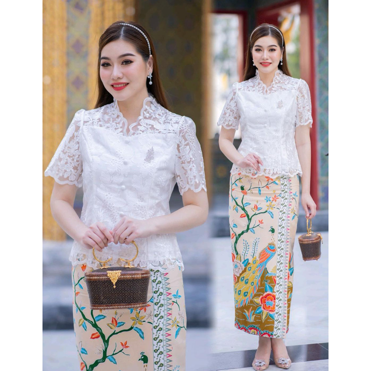 kudapy เสื้อลูกไม้สีขาว เป็นผ้าลูกไม้ปักทอเนื้อดี ซับในทั้งตัว (เฉพาะเสื้อ)