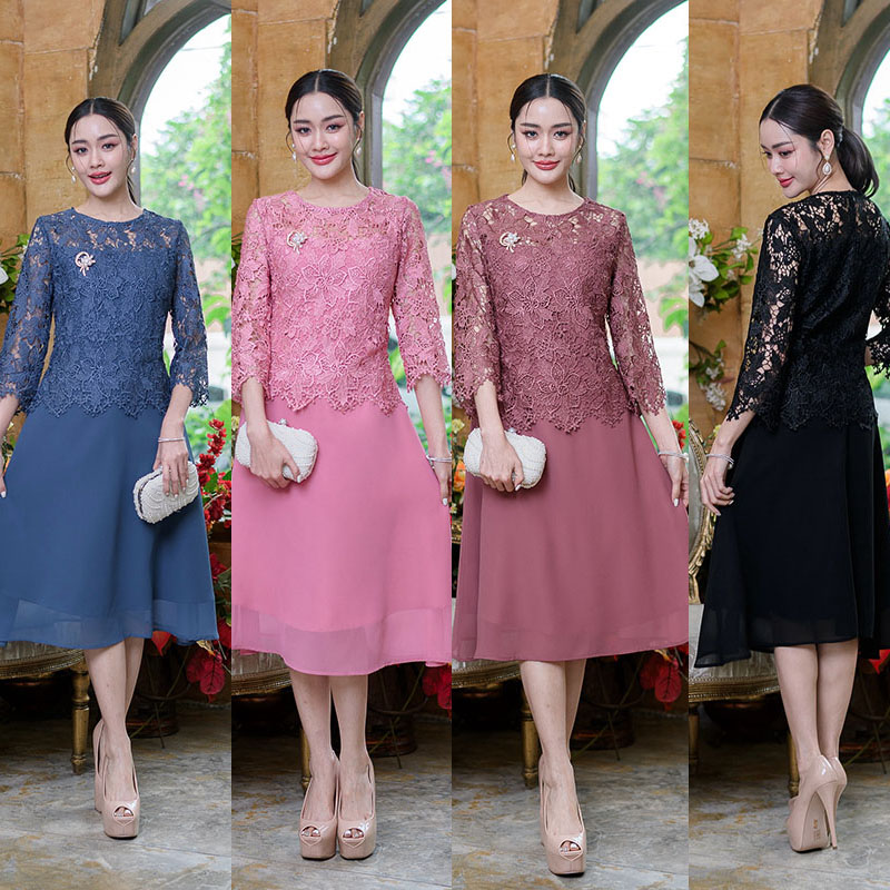 kudapy เดรสสั้นลูกไม้ไปงานสีฟ้าคราม/สีดำ/สีชมพู/สีกะปิ คอกลม แขนสามส่วน เดรสแต่งชีฟอง มีซับใน ทรงสวยมากค่ะ