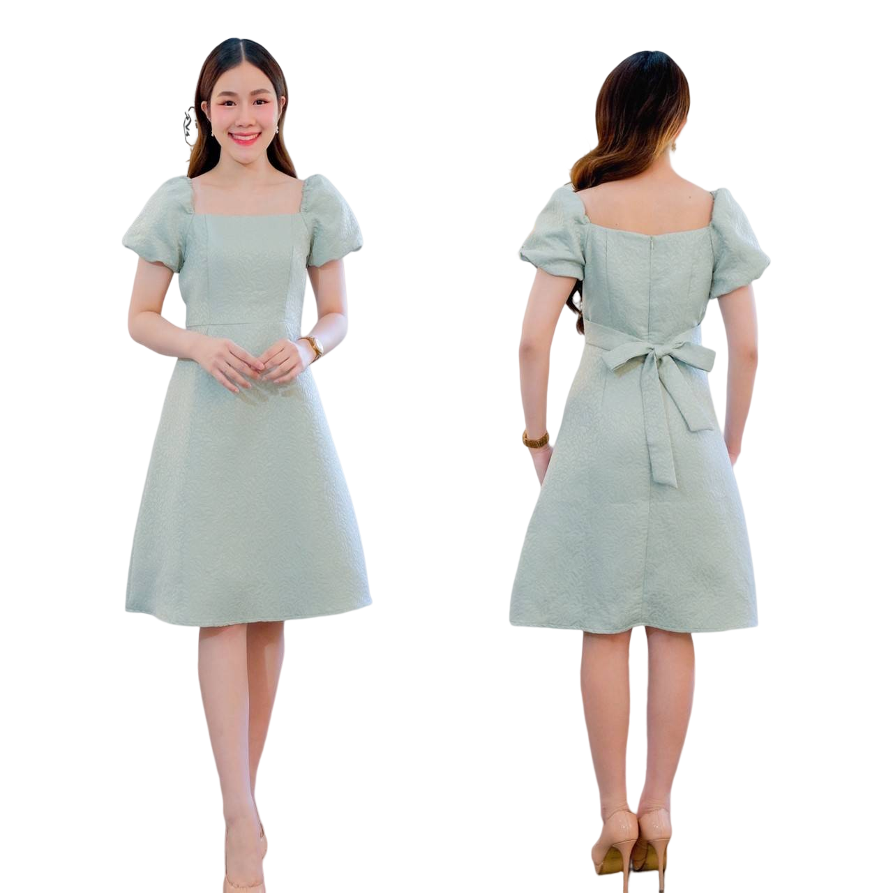 kudapy เดรสสั้นคอเหลี่ยนใส่ออกงานสีแดง,สีฟ้า,สีขาว,สีชมพูอ่อน,สีเขียวพาสเทล เดรสสั้นพอดีเข่า ใส่งานแต่ง งานบุญได้หมดค่ะ