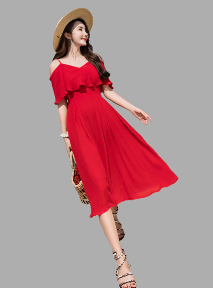 ชุดแมกซี่เดรสยาวคลุมเข่า สายเดี่ยวแต่งระบาย สีแดง เดรสเที่ยวละเล เดรสใส่เที่ยวชิวๆ XL