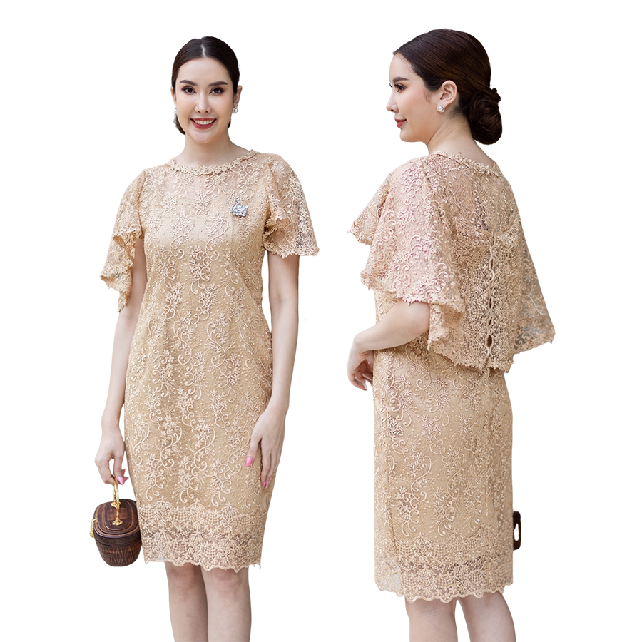 kudapy เดรสสั้นผ้าลูกไม้ฝรั่งเศษ สีทอง สีชมพู สีฟ้าเทา ผ้าลูกไม้ใยบวบเนื้อแน่น -ทรงสวยปีกค้างคาวทรงสวยเข้ารูป มีซับในซิบหลัง