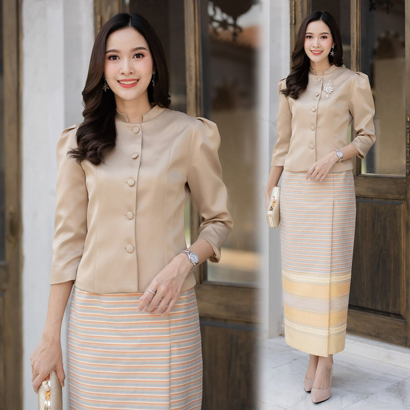 kudapy เสื้อผ้าไหมญี่ปุ่นเนื้อนิ่มสีน้ำตาล/สีครี/สี โอรส บ่ายกกระดุมหน้า ตัวเสื้ออัดกาวบุซับในทั้งตัว (เฉพาะเสื้อ)