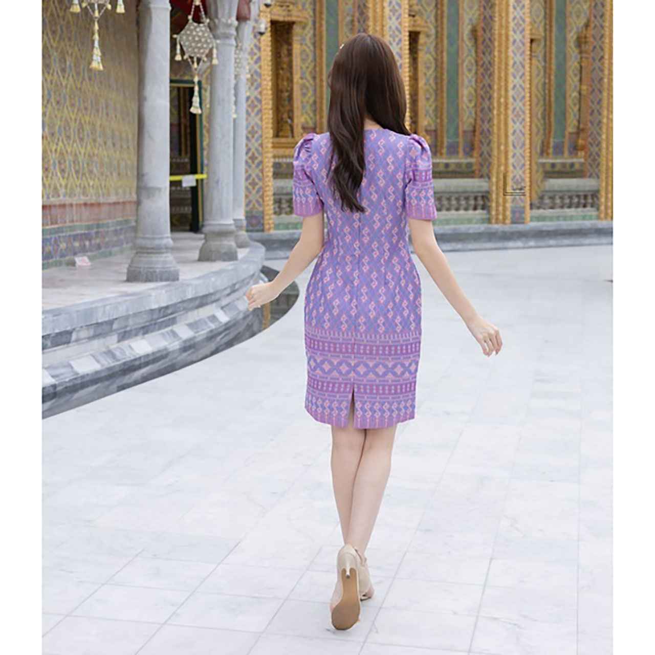 kudapy เดรสสั้นสีชมพู/สีม่วง ผ้าไทยทรงสอบกระดุม3เม็ด