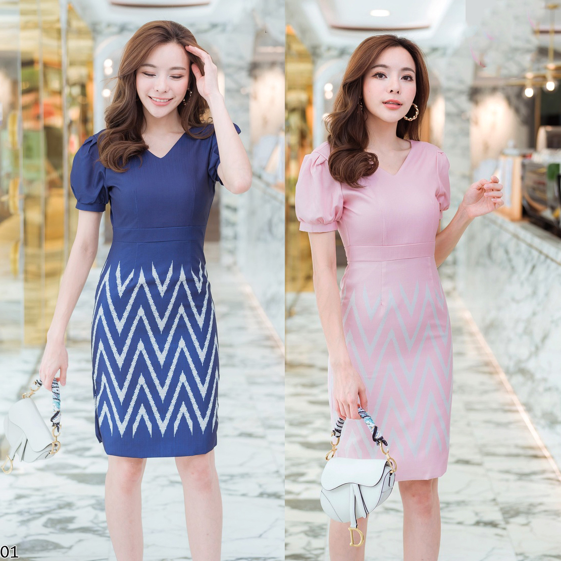 kudapy เดรสสั้นผ้าไทยพิมพ์ลายสีกรมท่า/สีชมพู เดรสสั้นใส่ทำงานแขนตุ้กตา เดรสทรงเอเข้ารูปใส่สวยมากค่ะ