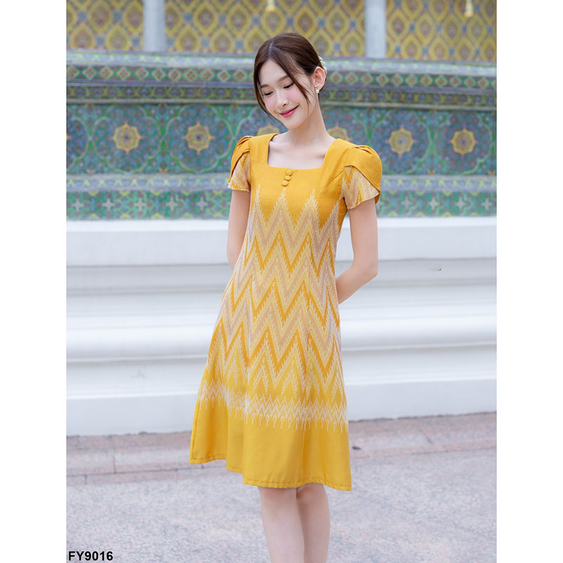 kudapy เดรสสั้นสีฟ้า/สีเหลือง ผ้าทอแขนกลีบบัว ผ้าลายไหย ใส่ทำงานสวยดูดี