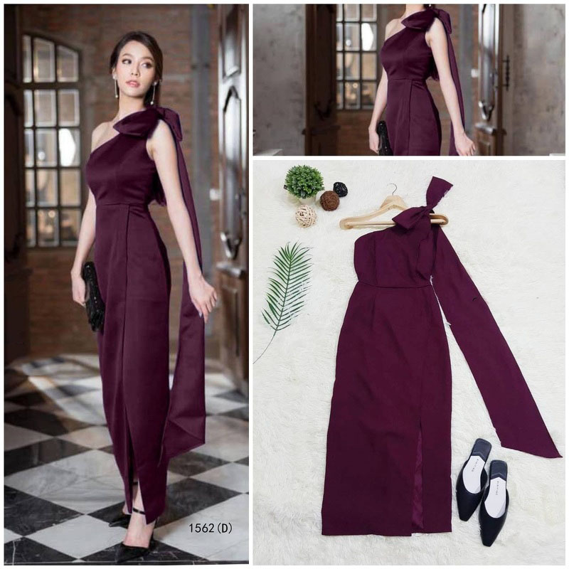 kudapyเดรสยาวสีแดง/ชมพู/กรมท่า/ครีม ไหล่เดี่ยว แต่งโบว์ 1 ข้าง ปล่อยสไบยาว สวยๆ กระโปรงด้านหน้าแต่งไขว้ งานเนื้อผ้าซาร่า ซิปหลัง