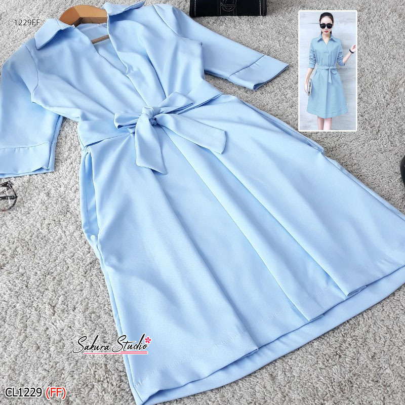 kudapy เดรสสั้นผ้าซาร่าสีพื้นปกเชิ้ต แขนศอก เอวไม่สมม๊อค มีเชือกผูกโบว์เข้ารูปสวยงาน