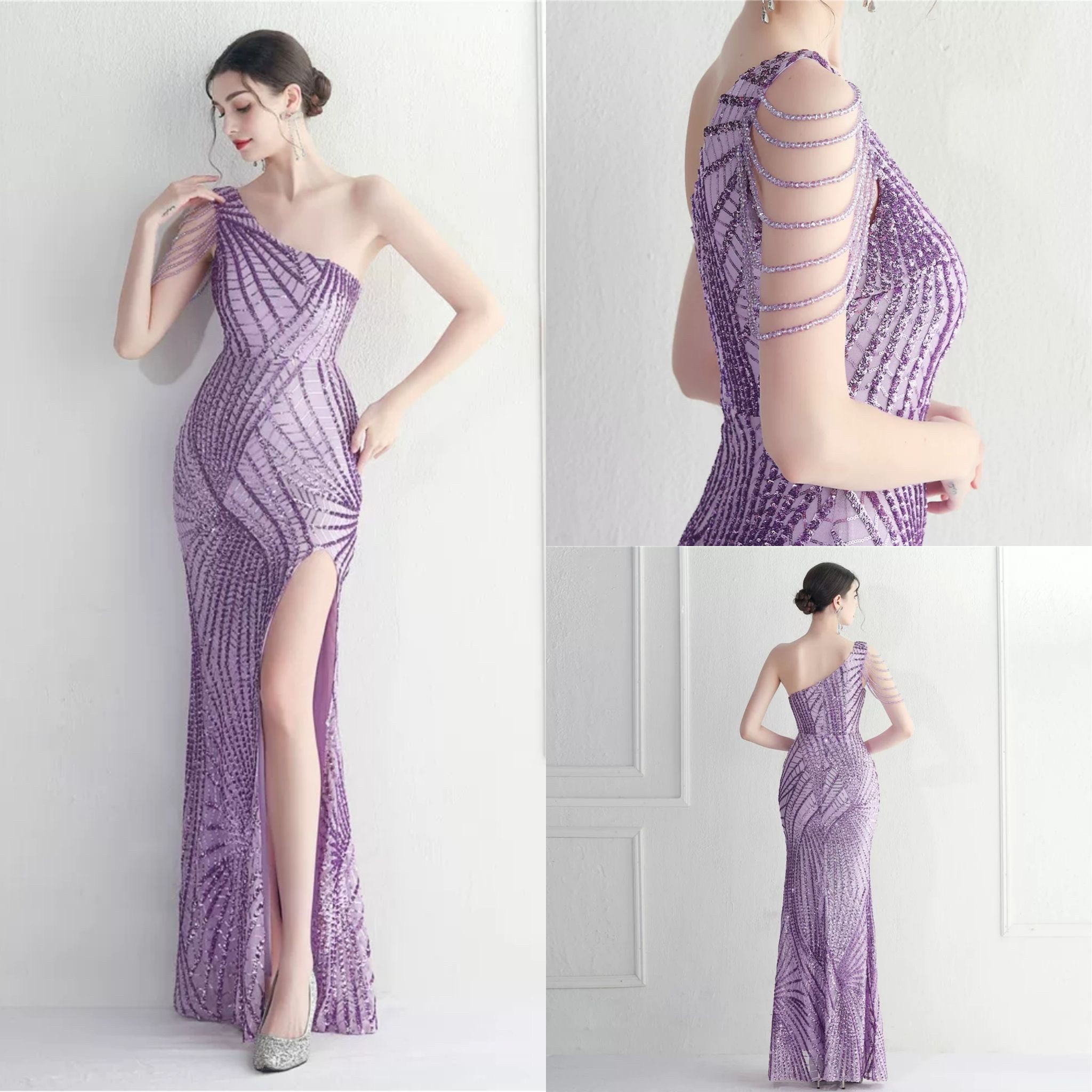 kudapy ชุดราตรียาวผ้ากริสเตอร์ เดรสยาวไหล่เดี่ยวเฉียงข้าง แต่งเพชร สีขาว,สีเทาเงิน,ชมพูโรสโกลด์,สีม่วง,น้ำเงินกรม,เขียวเข้ม,สีแดงเบอร์กันดี,สีดำ