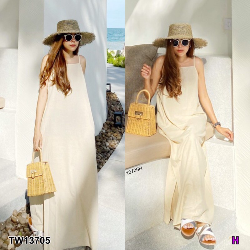 kudapy Maxi Dress เดรสยาวสีครีม ดำ เขียว เหลือง โอรส เทาเข้ม สายเดี่ยว เนื้อผ้าลินิน มีกระเป๋าข้างสองข้าง เรียบ หรู