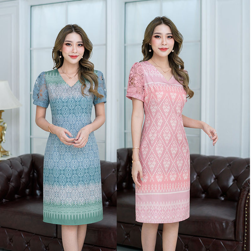 kudapy เดรสสั้นสีโทนชมพู/สีโทนฟ้าเขียว ลายไทยแขนลูกไม้ ผ้าเนื้อนุ่มลื่นนำมาพิมพ์ลาย ใส่สบายกว่าเนื้อผ้าสัมพัสผิวดีนุ่มลื่นไม่หยาบ แต่ลายสวย