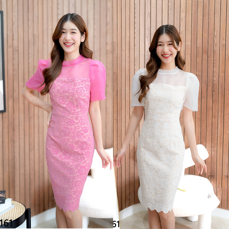 kudapy เดรสสั้นสีชมพู/สีขาว ลูกไม้แต่งแขน สวยดูดี