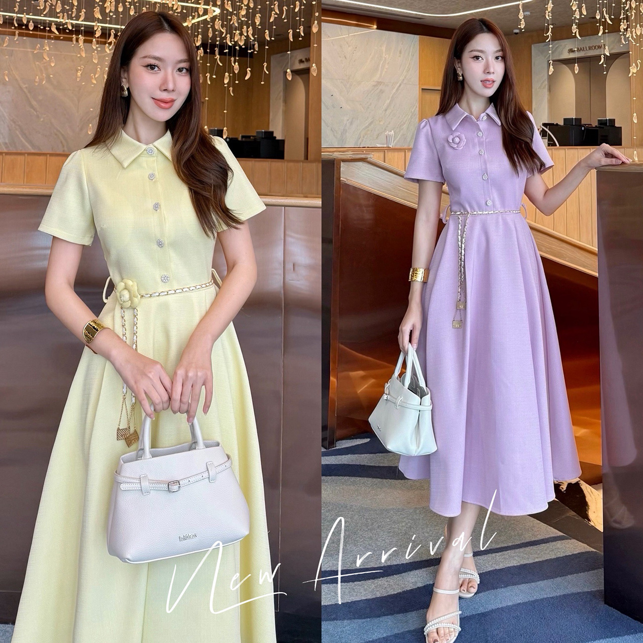 kudapy เดรสยาวสีครีม/สีฟ้า/ม่วงอ่อน/เหลืองอ่อน ผ้าทวิตญี่ปุ่นตกแต่งด้วยกระดุมดอกคามิเลีย ีซับในทั้งชุด ผ้าอัดกาวอย่างดี มาพร้อมกับเข็มขัดโซ่ และเข็มกลัดดอกไม้