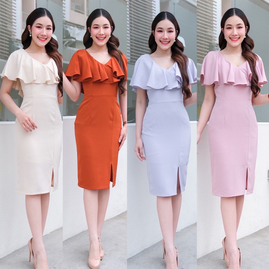 kudapy เดรสสั้นสีครีม/สีส้ม/สีชมพู/สีเทาอมม่วง คอวี คอระบายทรงสุภาพ ใส่ได้หลายโอกาส เนื้อผ้า Korean Crepe พริ้วลื่น เย็น ใส่สบาย