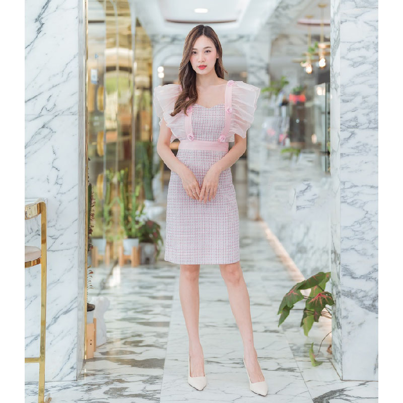 kudapy เดรสสั้นสีเขียว/สีชมพู ผ้าทวิตแขนระบาย