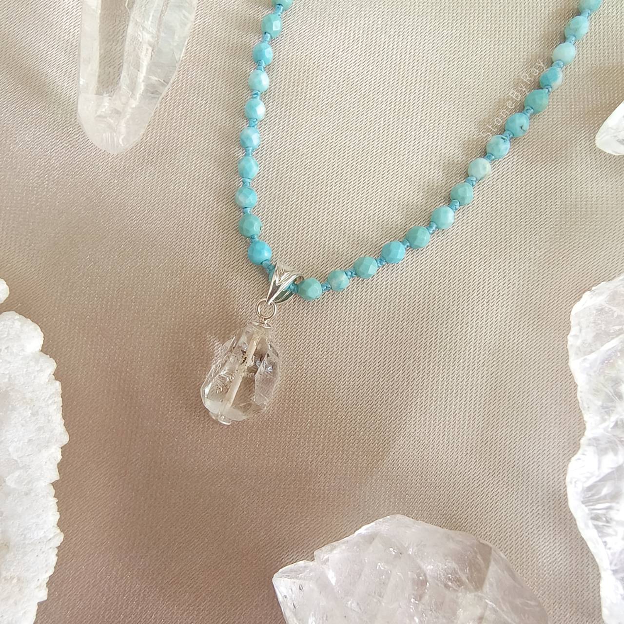 สร้อยคอเชือกถักหินเทอร์ควอยส์กับจี้คริสตัลเฮอร์คิเมอร์ Turquoise+Herkimer Diamond