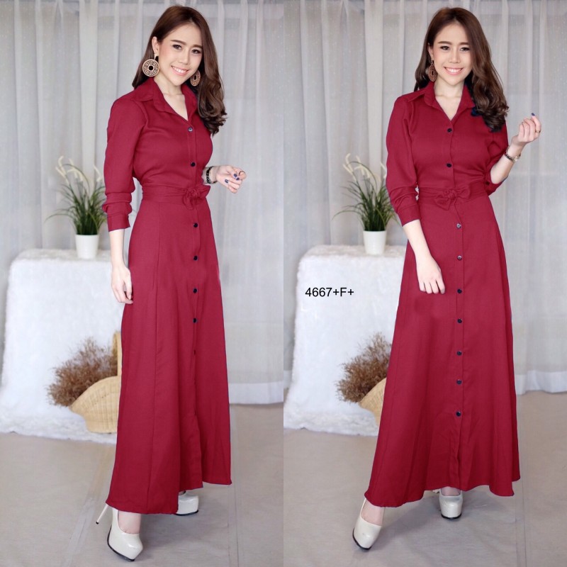 kudapy Maxi Dress แม็กซี่เดรสเชิ้ตแขนยาว สีพื้น งานเชิ้ตแต่งคอปกกระดุมช่วงหน้ายาวข้างเอวเย็บติดสายผูกเอว