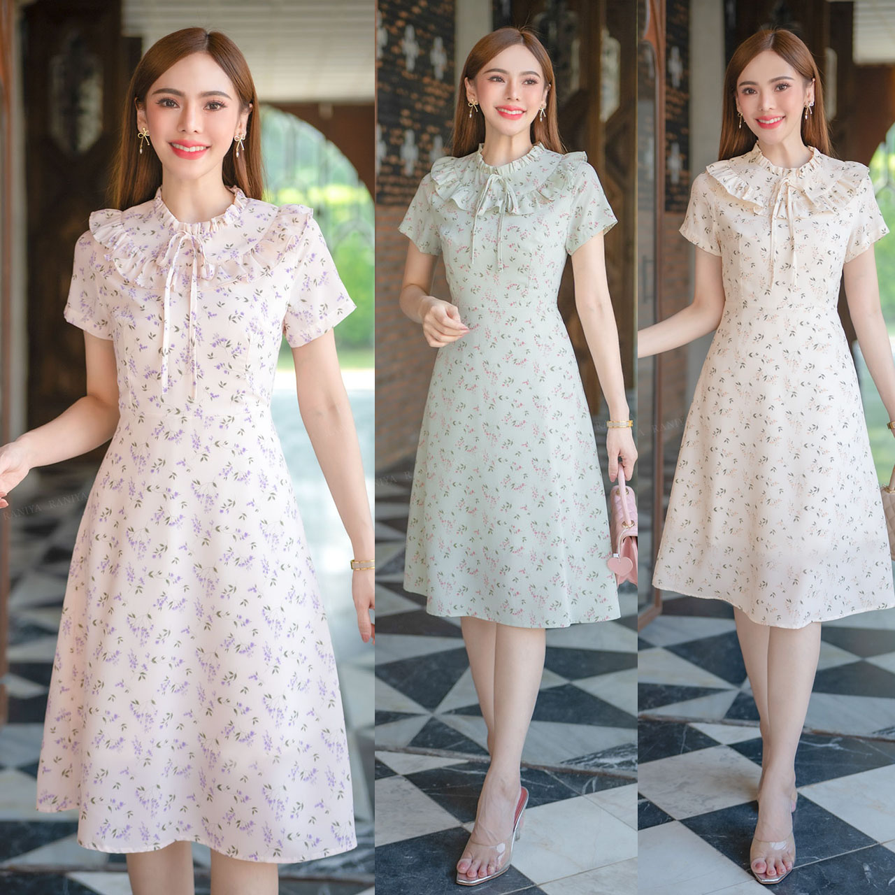 kudapy เดรสสั้นสีชมพูอ่อน/สีเขียวอ่อน/สีครีม เนื้อผ้าชิฟฟ่อนนุ่ม ใส่สบายงานซิปซ่อนหลัง มีซับในให้ในตัว ชุดทรงเอเบาใส่สบายไม่ร้อน