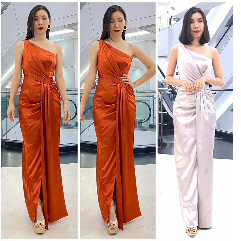 kudapy เดรสยาวสีส้มอิฐ/สีเทา บ่าเดี่ยว จับเดรปจีบช่วงเอว ทรงกรีกงามๆ จัดเดรปผ้าช่วงเอวทิ้งตัวสวย sexy เรียบหรู ผู้ดีสุดๆ